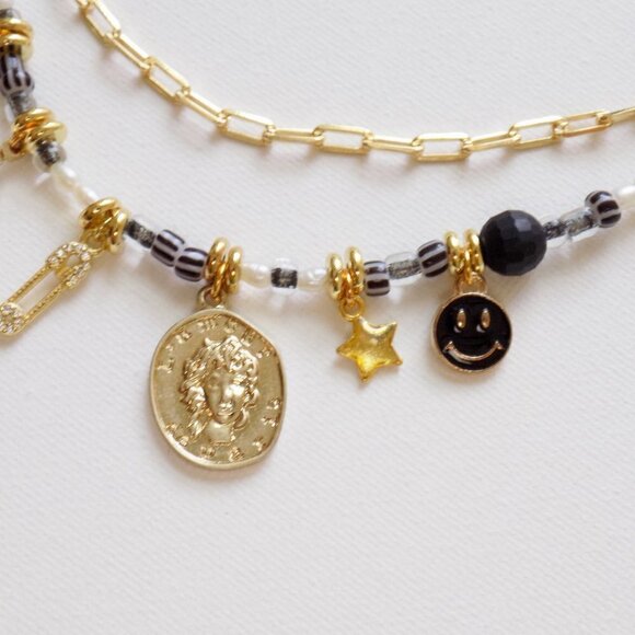 new! charm necklace beaded choker layered  freshwater pearl paperclip link chain - Picture 7 of 8